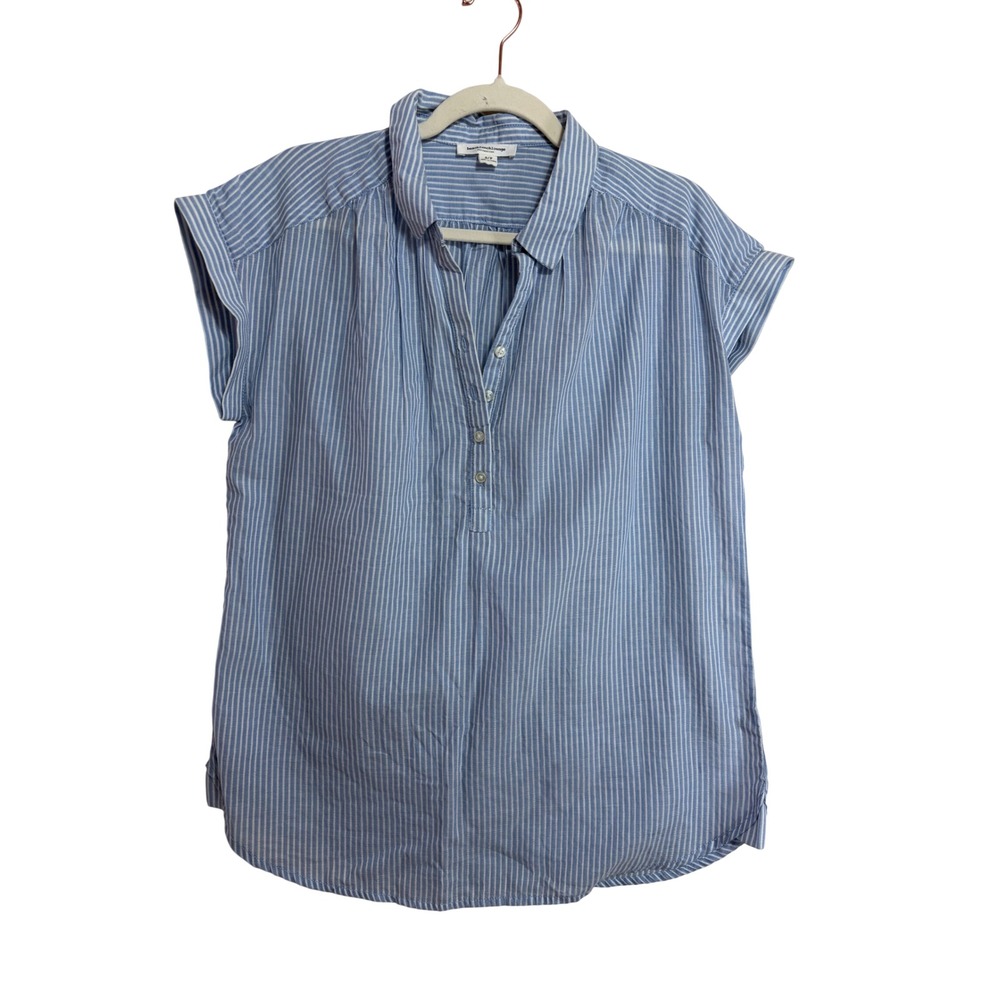 Beachlunchlounge Blue White Striped Henley Cap Sleeve Cottonโ Top Small